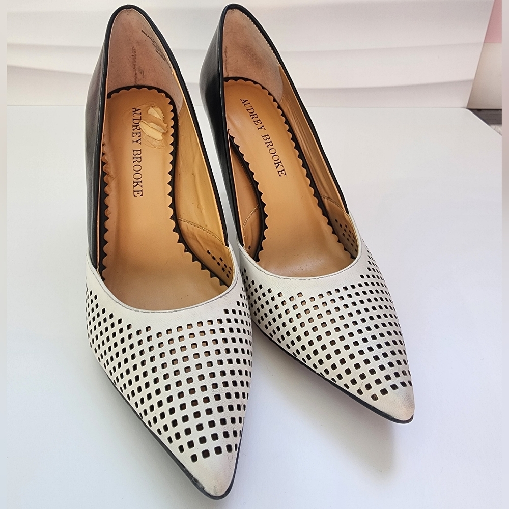 Audrey Brooke Black and White Perforated Heels